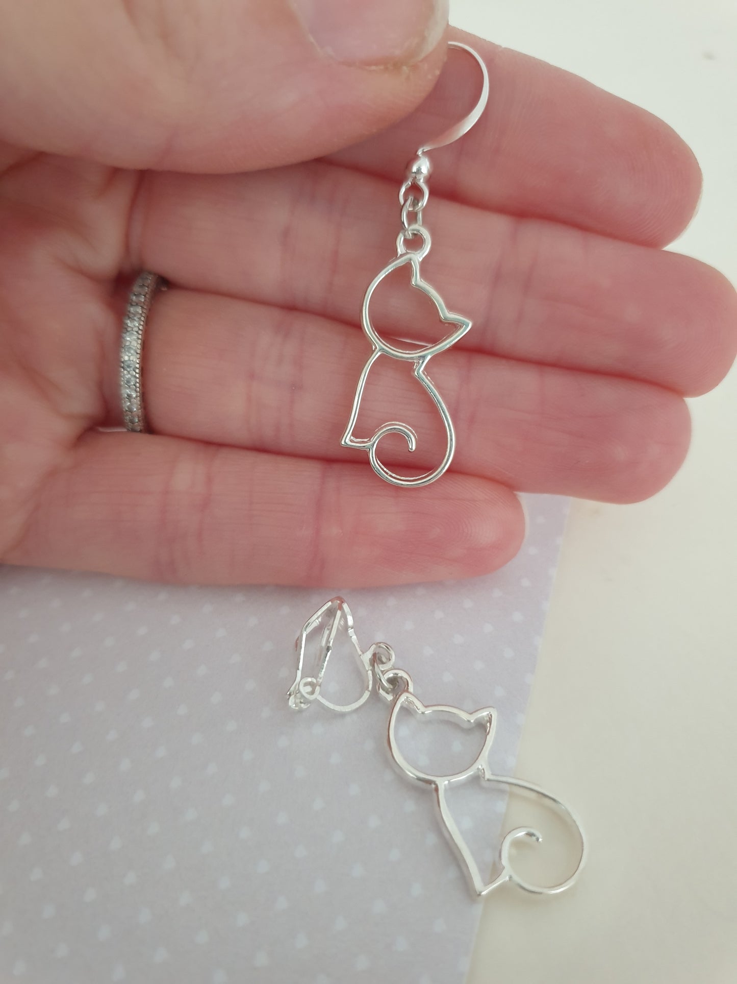 Outline Cat Earrings in Silver with Allergy Free, Nickel Free, Hypoallergenic Wires, or Clip On Earrings