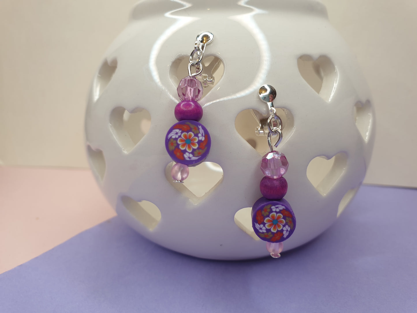 Floral Beaded Earrings. Purple Flower Earrings. Red Rose Earrings. Beaded Earrings. Clip On Earrings. Nickel Free Earrings.