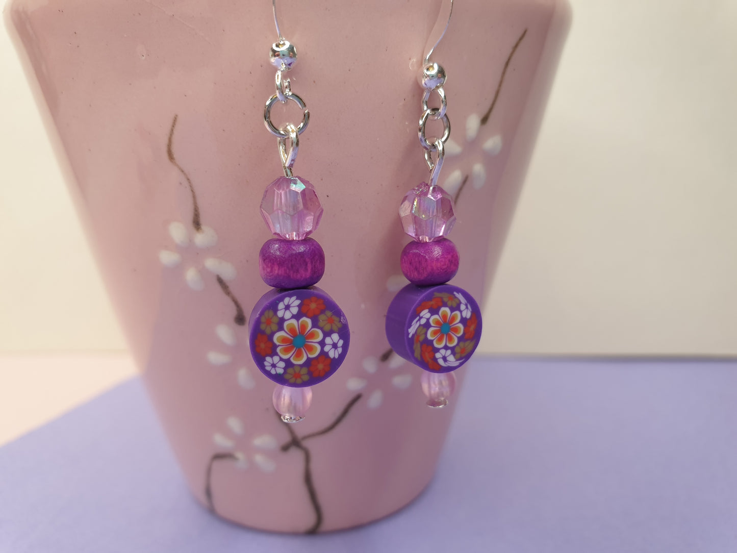 Floral Beaded Earrings. Purple Flower Earrings. Red Rose Earrings. Beaded Earrings. Clip On Earrings. Nickel Free Earrings.