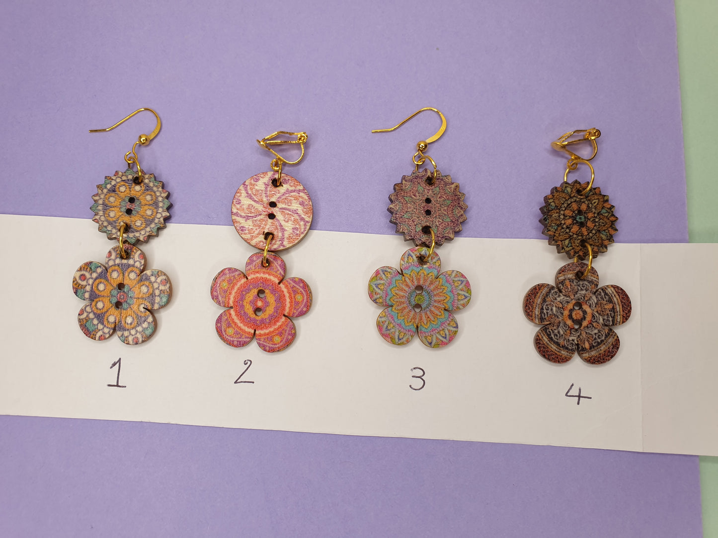 Wooden Flower Earrings. Flower Earrings. Button Earrings. Wooden Earrings. Clip On Earrings. Nickel Free Earrings. Patterned Earrings