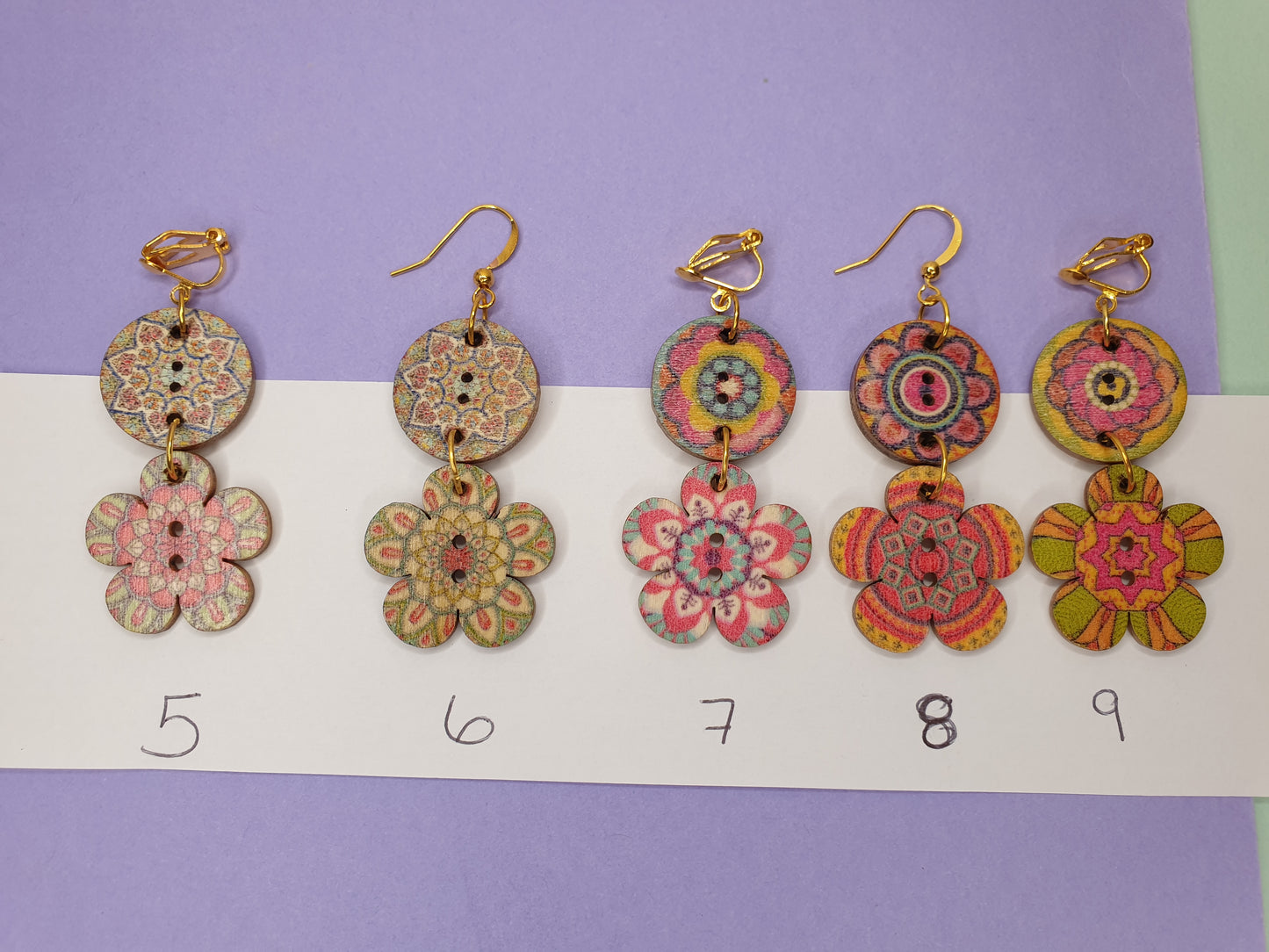 Wooden Flower Earrings. Flower Earrings. Button Earrings. Wooden Earrings. Clip On Earrings. Nickel Free Earrings. Patterned Earrings