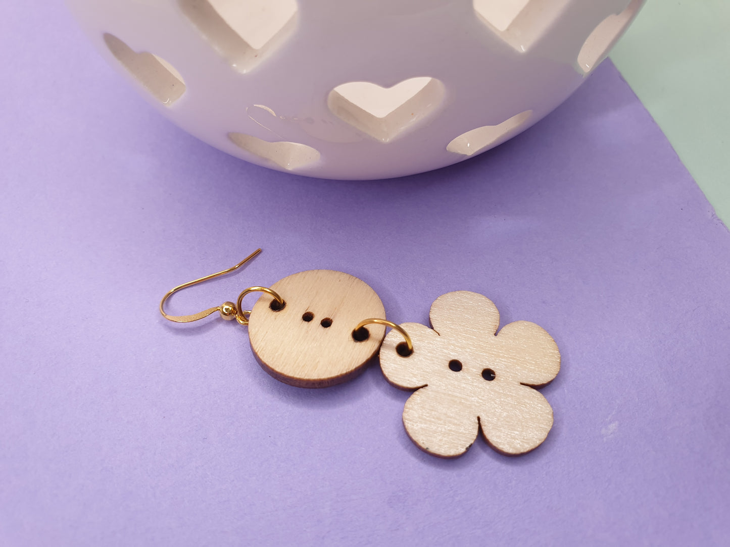 Wooden Flower Earrings. Flower Earrings. Button Earrings. Wooden Earrings. Clip On Earrings. Nickel Free Earrings. Patterned Earrings