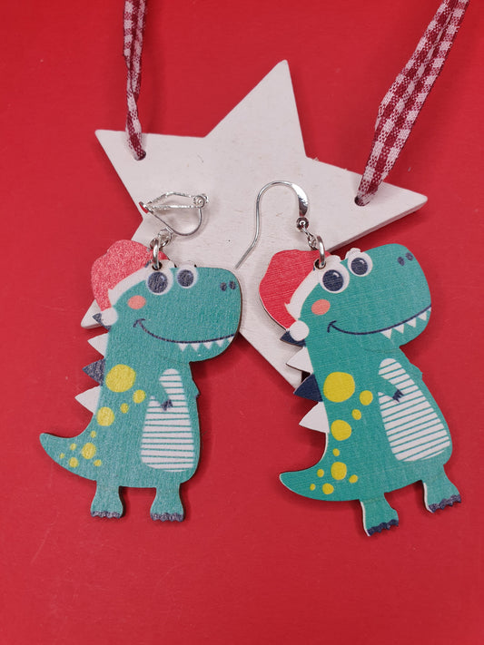 Christmas Dinosaur Earrings. Christmas Dino Earrings. T Rex Earrings. Christmas Earrings. Quirky Christmas Earrings