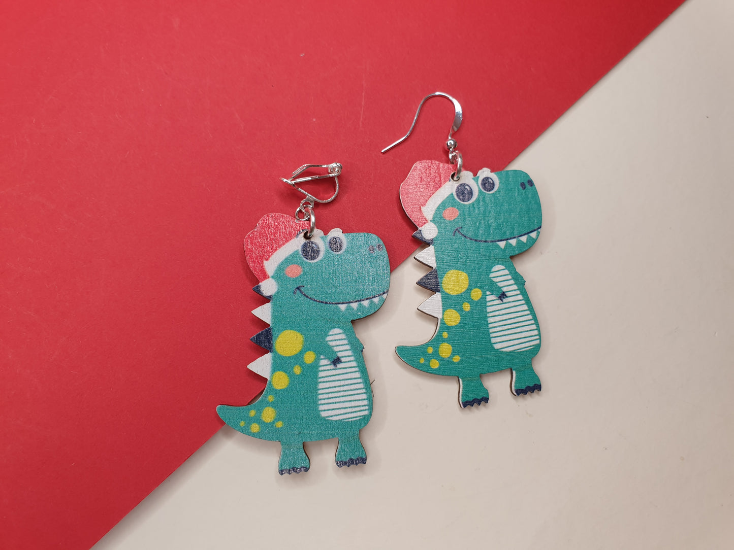 Christmas Dinosaur Earrings. Christmas Dino Earrings. T Rex Earrings. Christmas Earrings. Quirky Christmas Earrings