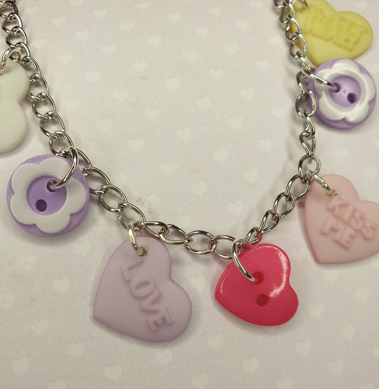 Love Heart Bracelet. Candy Hearts, Pastel Hearts, Valentines Gift, Anniversary Gift, Quirky Bracelet. Charm Bracelet, Button Bracelet