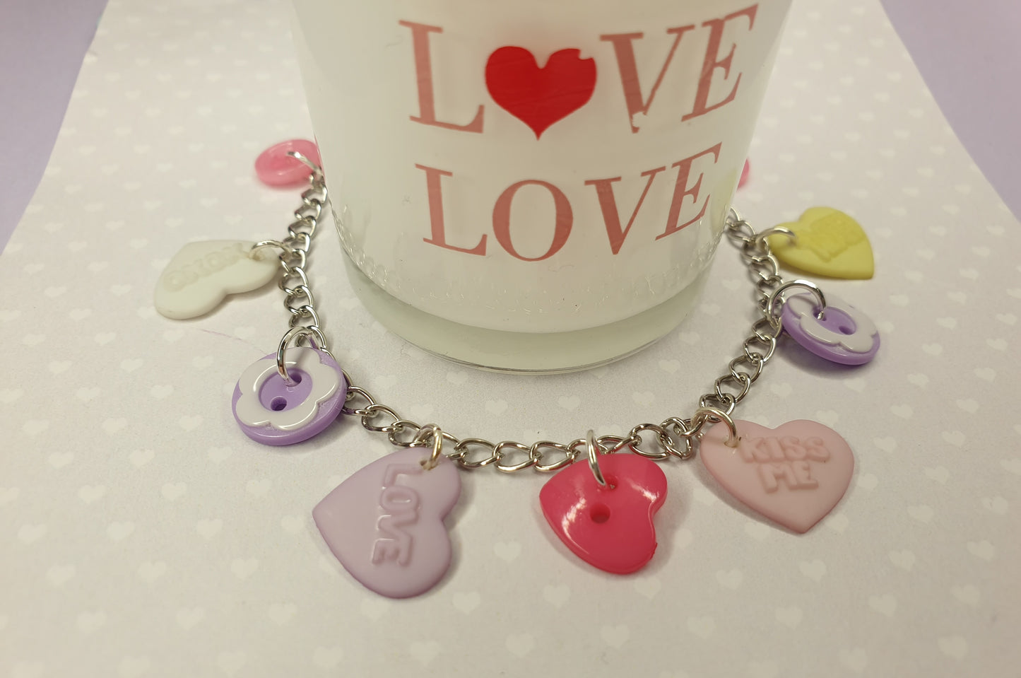 Love Heart Bracelet. Candy Hearts, Pastel Hearts, Valentines Gift, Anniversary Gift, Quirky Bracelet. Charm Bracelet, Button Bracelet