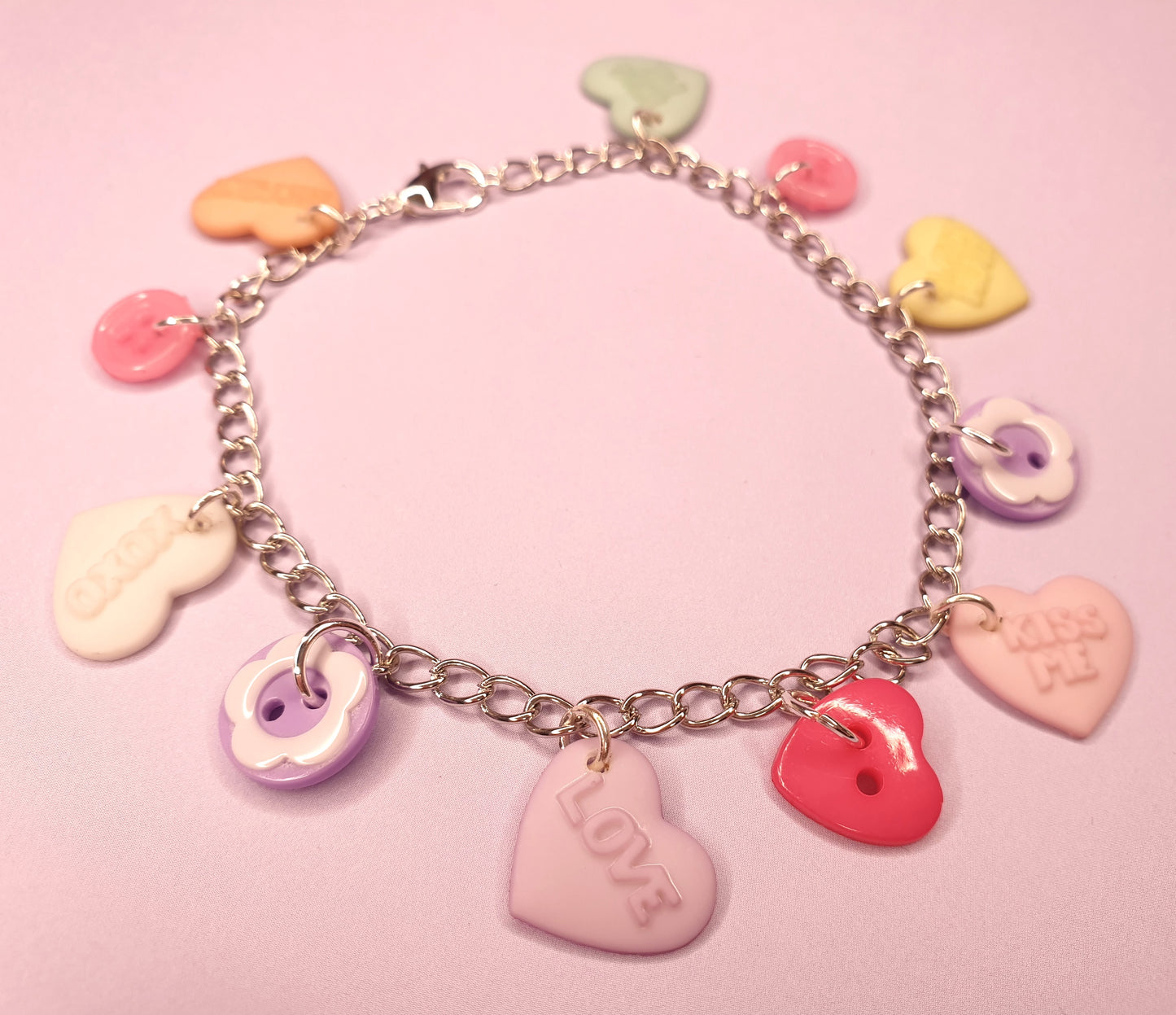 Love Heart Bracelet. Candy Hearts, Pastel Hearts, Valentines Gift, Anniversary Gift, Quirky Bracelet. Charm Bracelet, Button Bracelet