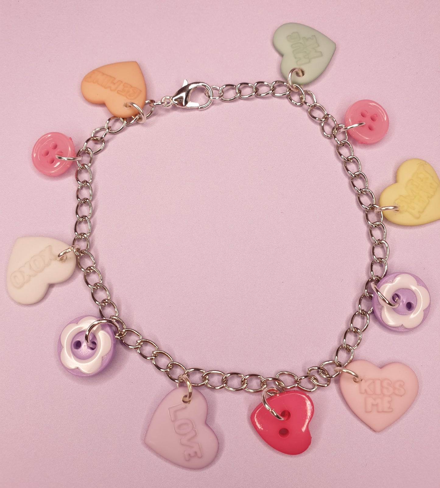 Love Heart Bracelet. Candy Hearts, Pastel Hearts, Valentines Gift, Anniversary Gift, Quirky Bracelet. Charm Bracelet, Button Bracelet