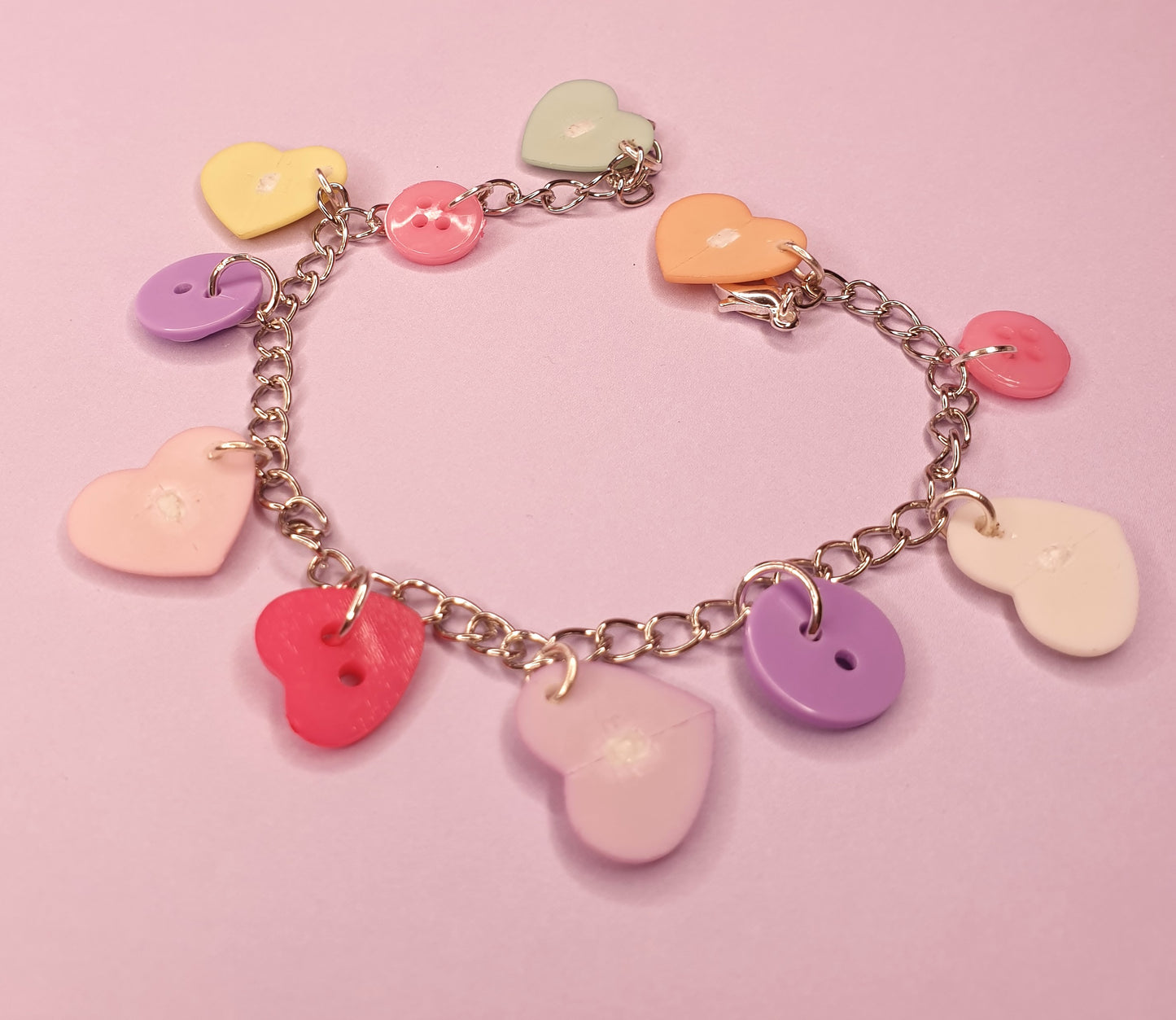 Love Heart Bracelet. Candy Hearts, Pastel Hearts, Valentines Gift, Anniversary Gift, Quirky Bracelet. Charm Bracelet, Button Bracelet