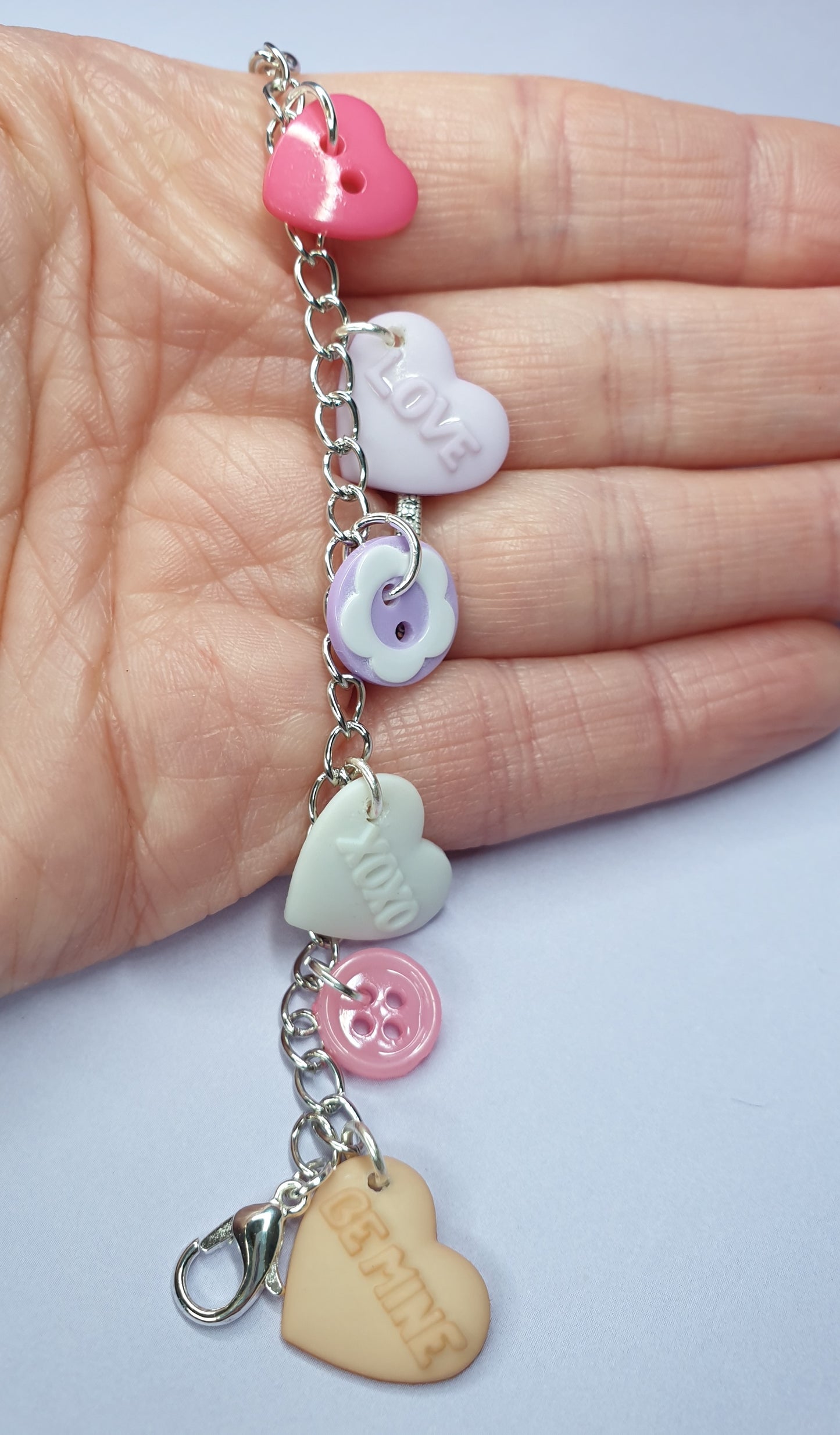 Love Heart Bracelet. Candy Hearts, Pastel Hearts, Valentines Gift, Anniversary Gift, Quirky Bracelet. Charm Bracelet, Button Bracelet