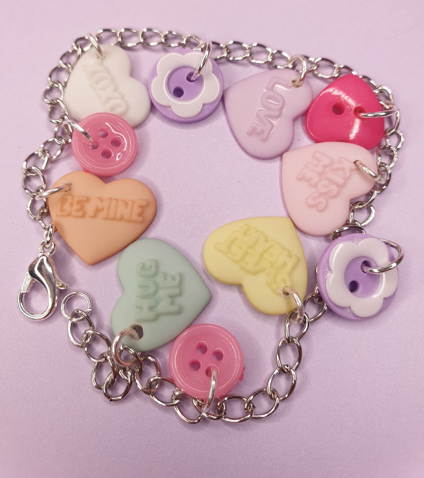 Love Heart Bracelet. Candy Hearts, Pastel Hearts, Valentines Gift, Anniversary Gift, Quirky Bracelet. Charm Bracelet, Button Bracelet