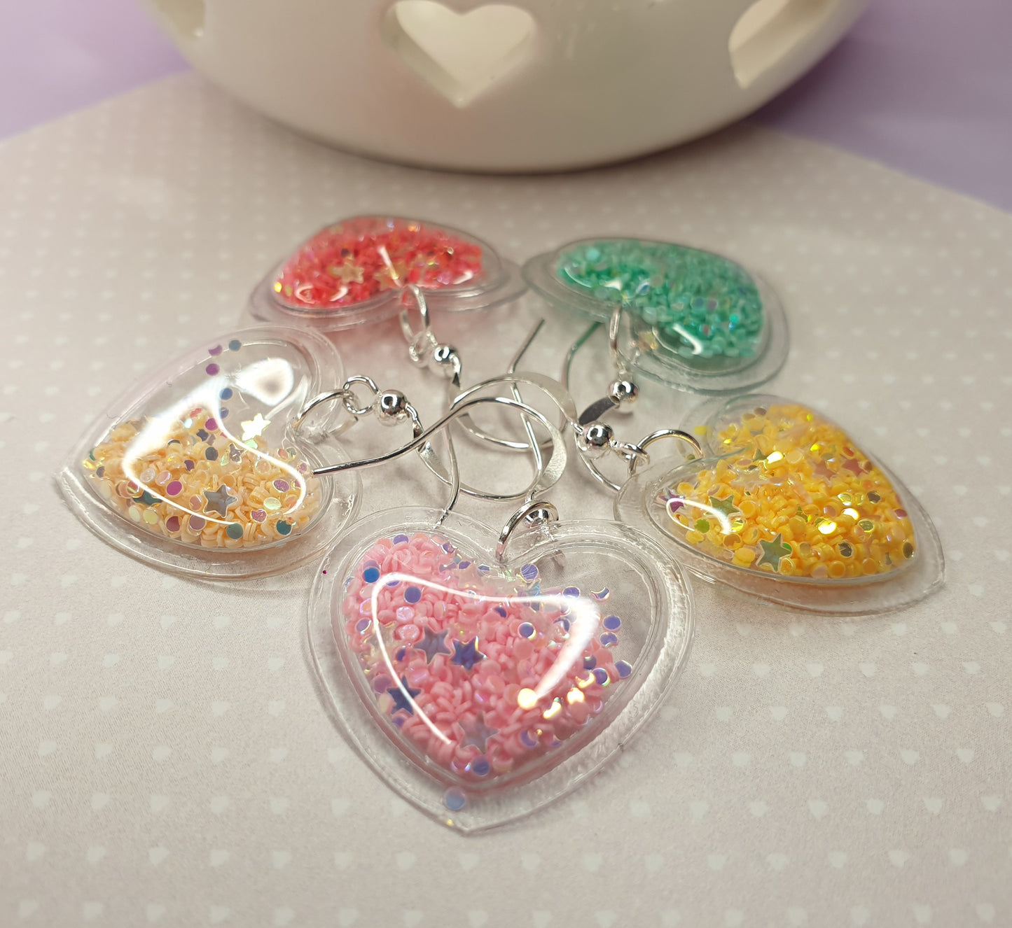 Heart Glitter Shaker Puff Earrings. Valentine's Gift, Love Heart, Anniversary Gift, Hypoallergenic, Allergy, Nickel Free, Clip On Earrings