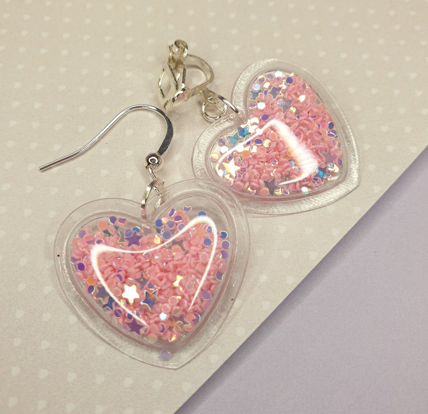 Heart Glitter Shaker Puff Earrings. Valentine's Gift, Love Heart, Anniversary Gift, Hypoallergenic, Allergy, Nickel Free, Clip On Earrings