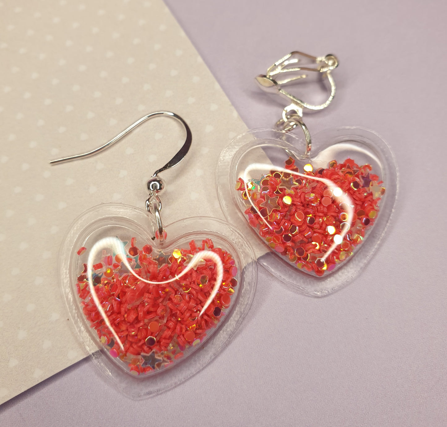 Heart Glitter Shaker Puff Earrings. Valentine's Gift, Love Heart, Anniversary Gift, Hypoallergenic, Allergy, Nickel Free, Clip On Earrings