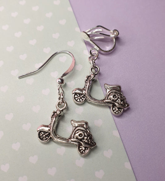 Scooter or Moped Earrings. Quirky Earrings. Hypoallergenic, Allergy, Nickel Free. Clip On Earrings.