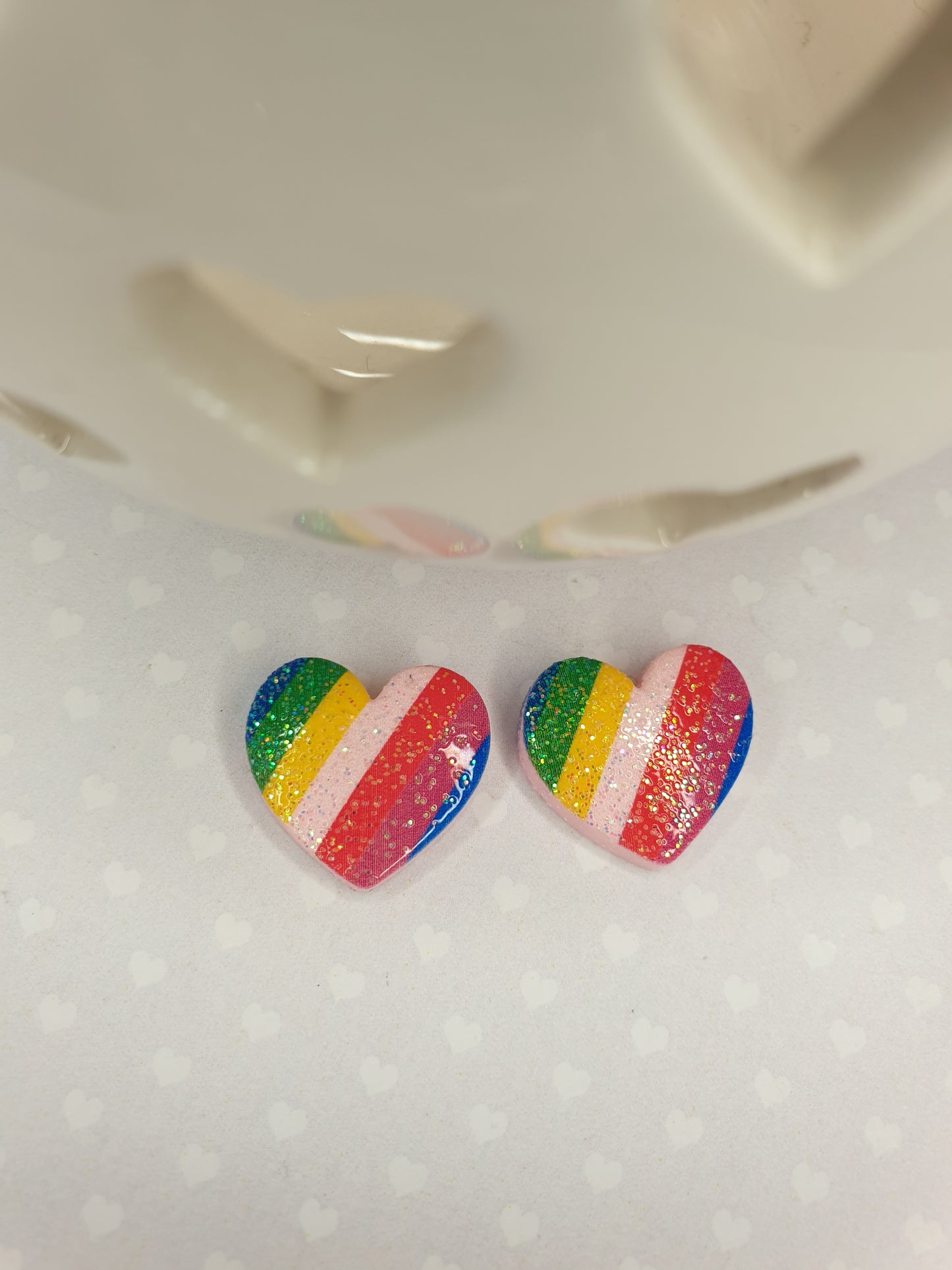 Rainbow Heart Stud Earrings with Glitter Detail. Love Heart. Pride. LGBTQ. Hypoallergenic, Allergy, Nickel Free. Clip On Earrings