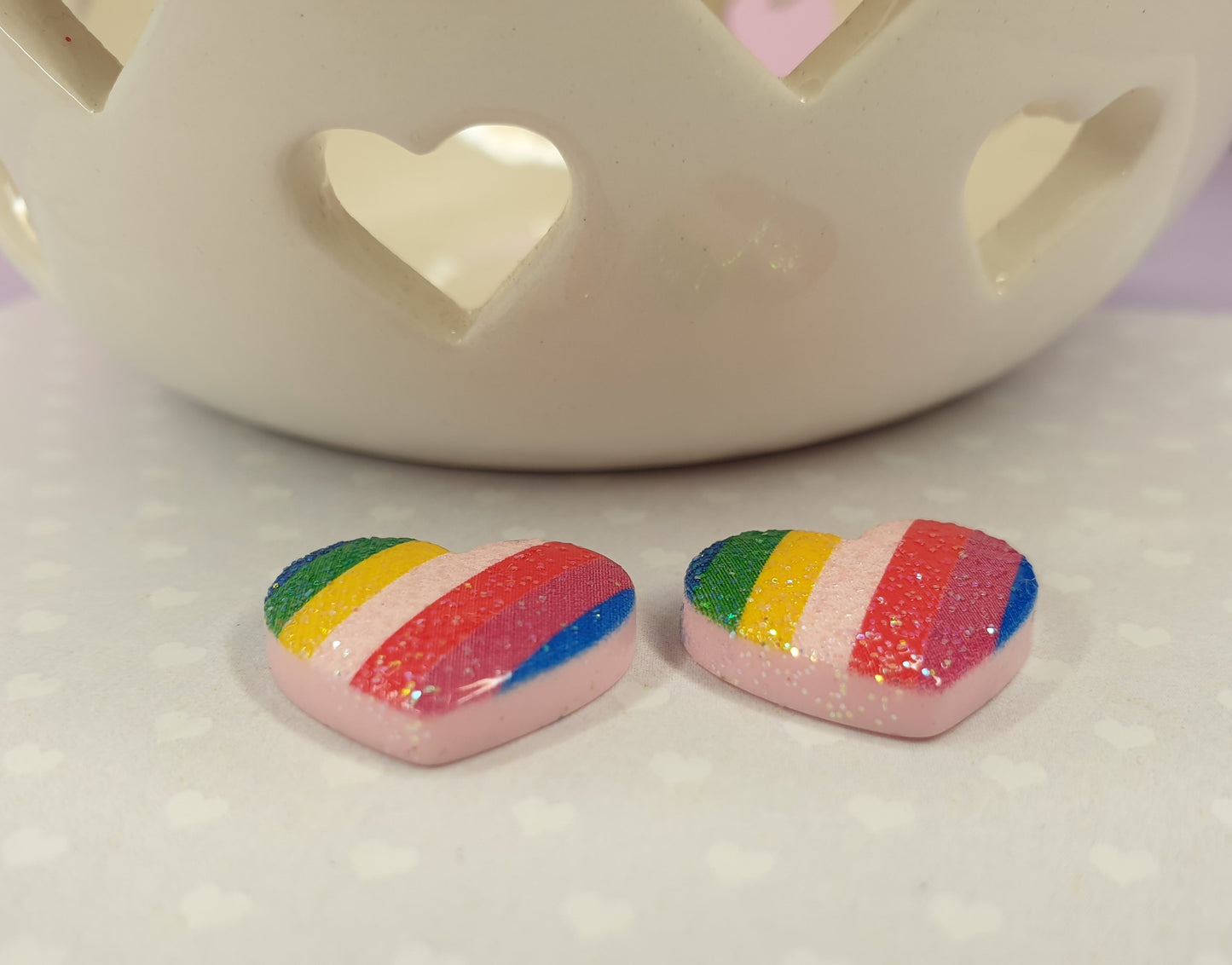 Rainbow Heart Stud Earrings with Glitter Detail. Love Heart. Pride. LGBTQ. Hypoallergenic, Allergy, Nickel Free. Clip On Earrings