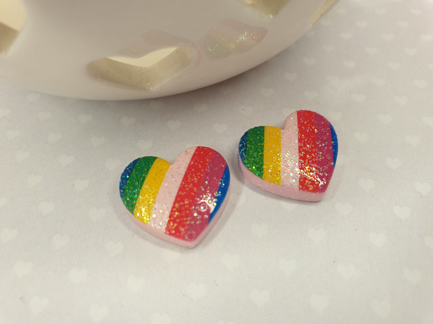 Rainbow Heart Stud Earrings with Glitter Detail. Love Heart. Pride. LGBTQ. Hypoallergenic, Allergy, Nickel Free. Clip On Earrings