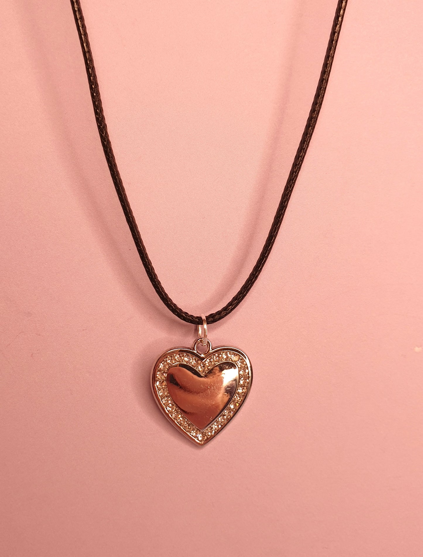 Sparkle Heart Pendant on Black Cord Necklace. Silver Love Heart