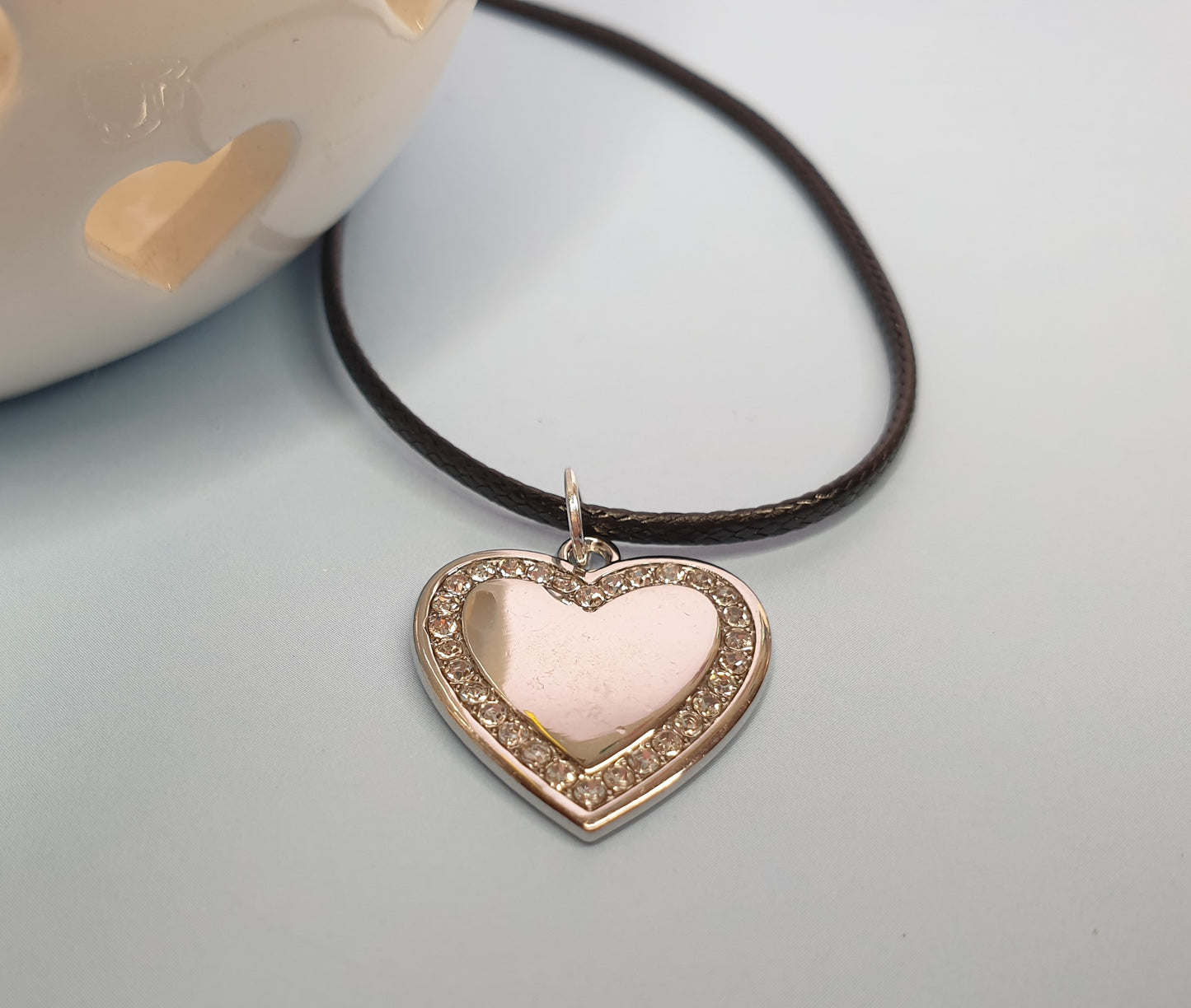 Sparkle Heart Pendant on Black Cord Necklace. Silver Love Heart