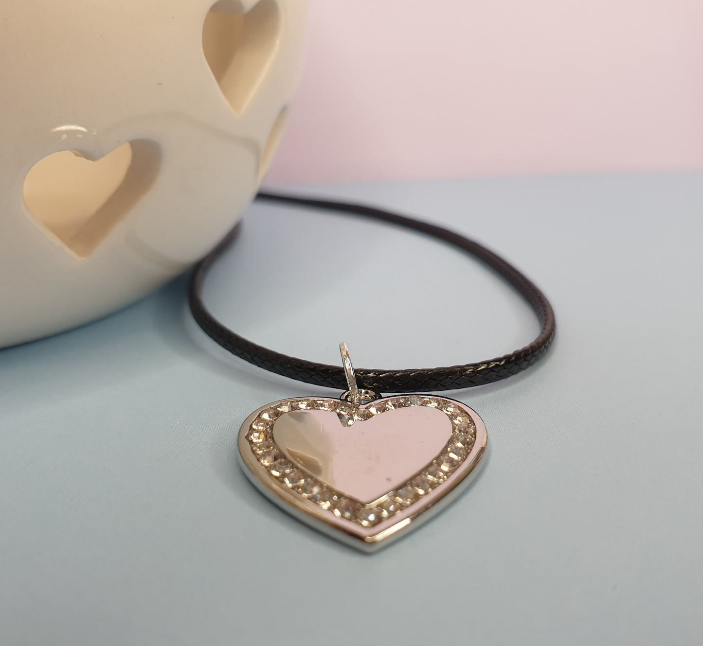 Sparkle Heart Pendant on Black Cord Necklace. Silver Love Heart