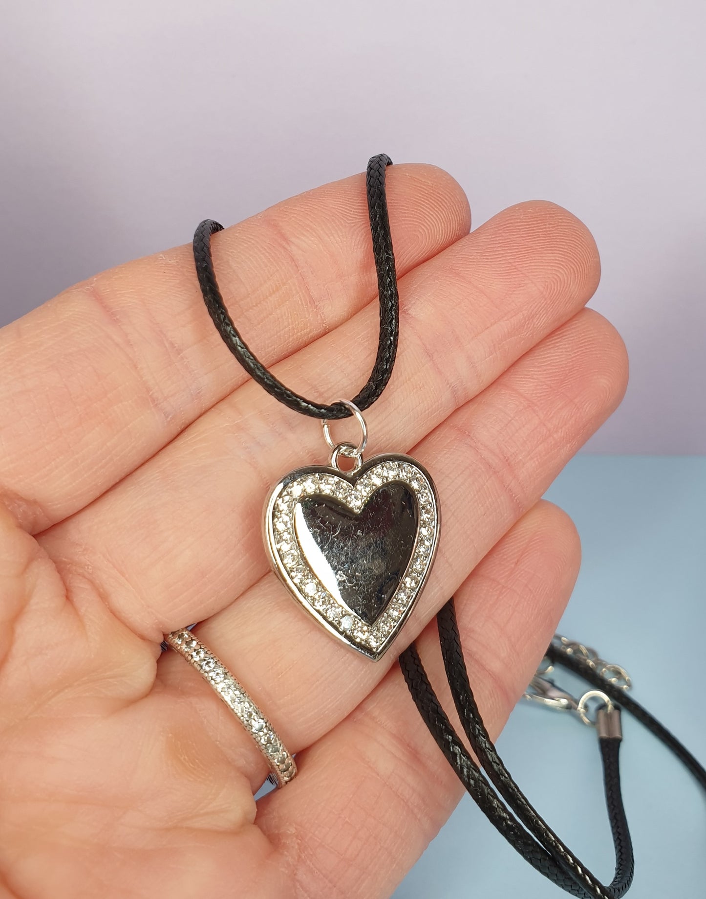 Sparkle Heart Pendant on Black Cord Necklace. Silver Love Heart