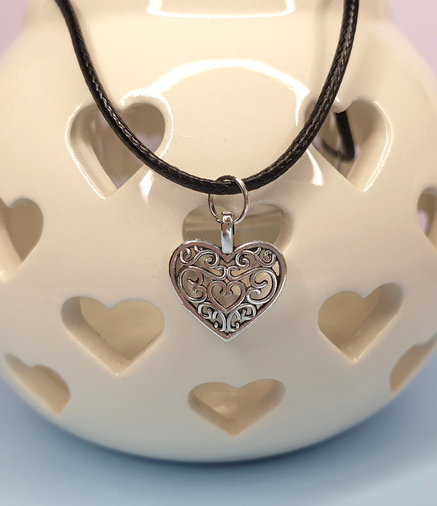 Filigree Heart Pendant on Black Cord Necklace. Silver Love Heart