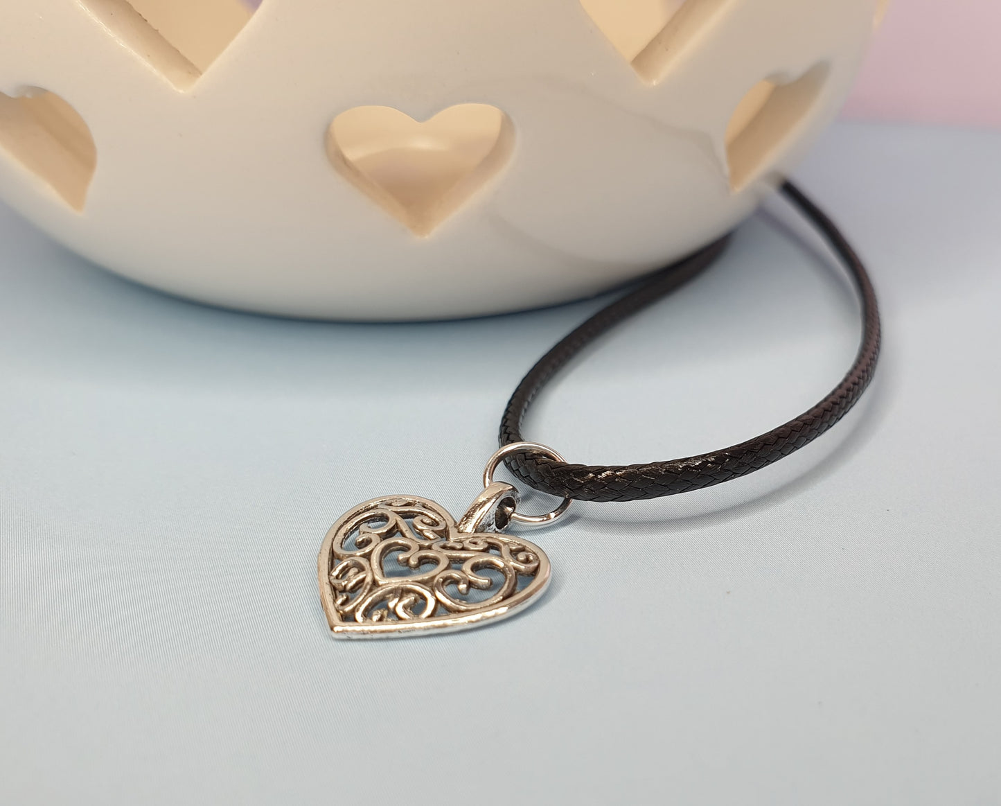 Filigree Heart Pendant on Black Cord Necklace. Silver Love Heart