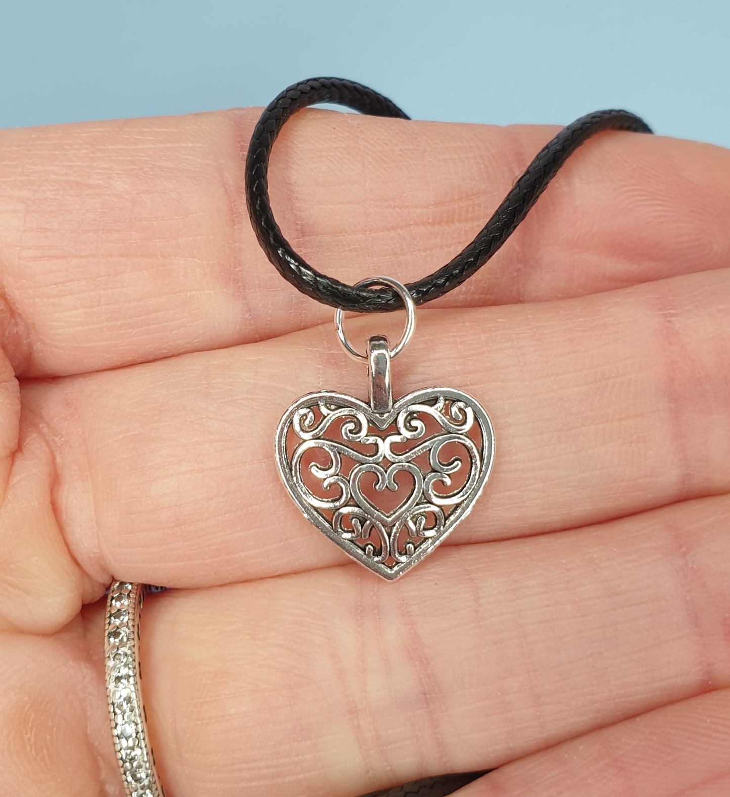 Filigree Heart Pendant on Black Cord Necklace. Silver Love Heart