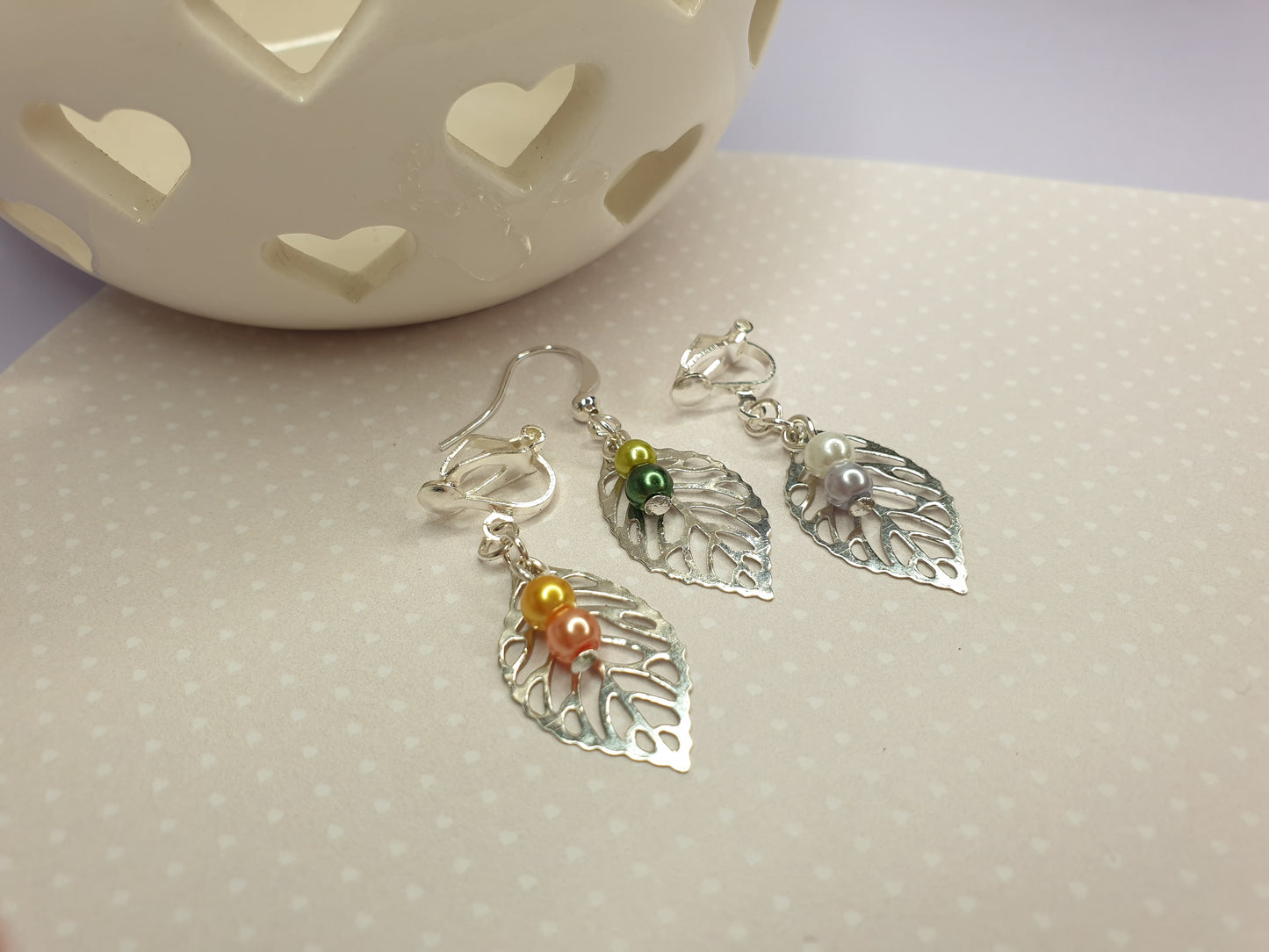 Silver Leaf Earrings with Bead Detail. Leaves. Hypoallergenic, Nickel and Allergy Free. Clip Ons.