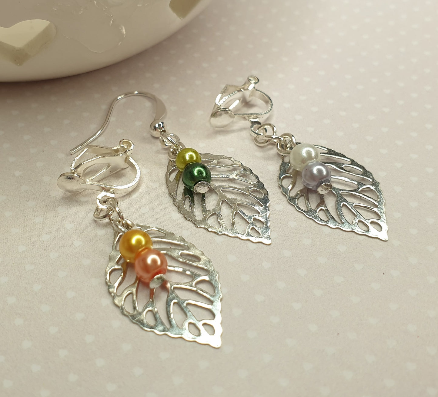 Silver Leaf Earrings with Bead Detail. Leaves. Hypoallergenic, Nickel and Allergy Free. Clip Ons.