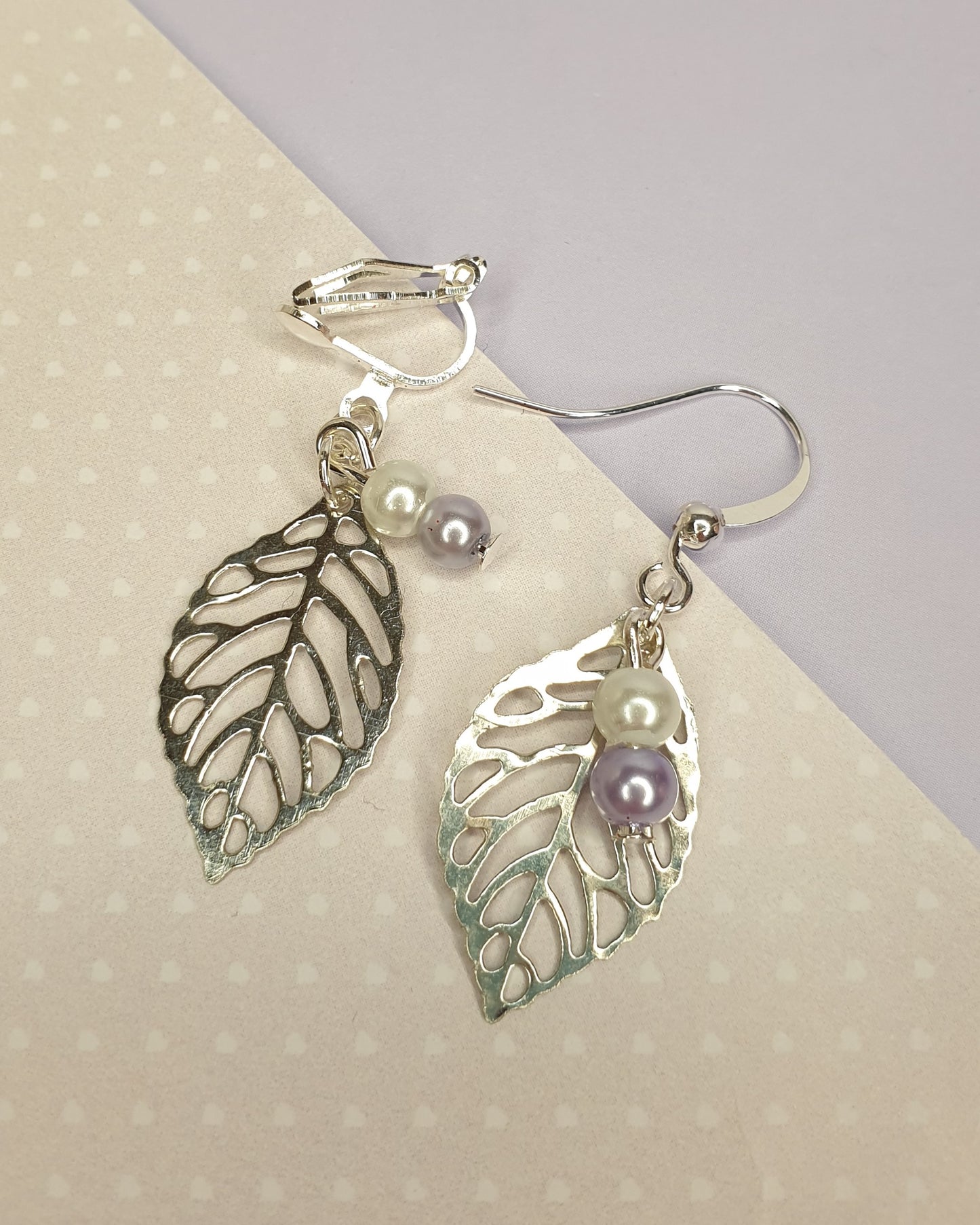 Silver Leaf Earrings with Bead Detail. Leaves. Hypoallergenic, Nickel and Allergy Free. Clip Ons.