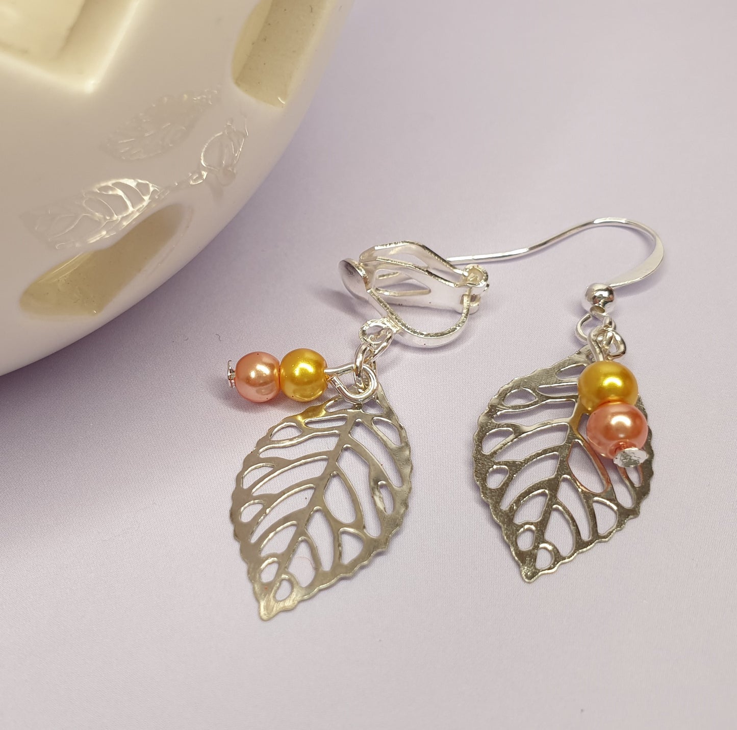 Silver Leaf Earrings with Bead Detail. Leaves. Hypoallergenic, Nickel and Allergy Free. Clip Ons.