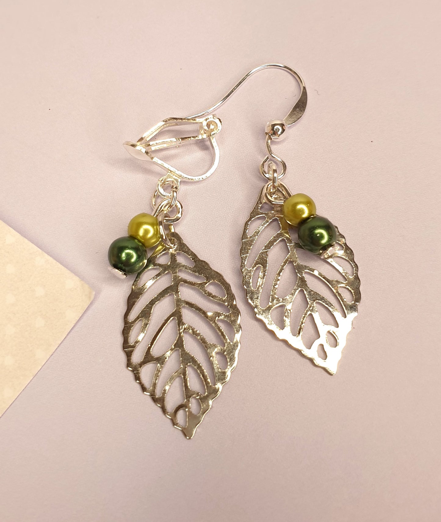 Silver Leaf Earrings with Bead Detail. Leaves. Hypoallergenic, Nickel and Allergy Free. Clip Ons.