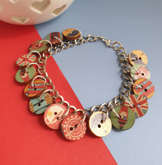 London Themed Button Charm Bracelet. Adjustable Bracelet. England.