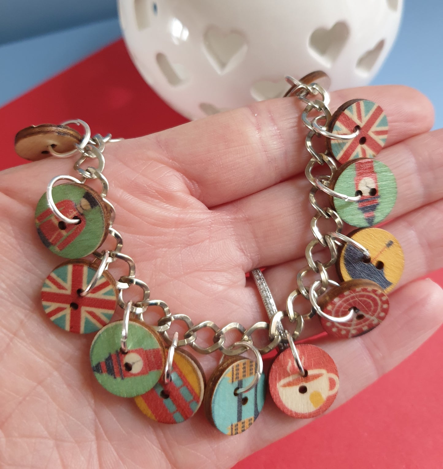 London Themed Button Charm Bracelet. Adjustable Bracelet. England.