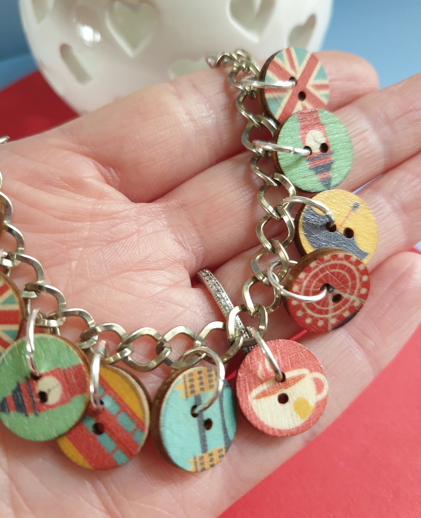 London Themed Button Charm Bracelet. Adjustable Bracelet. England.