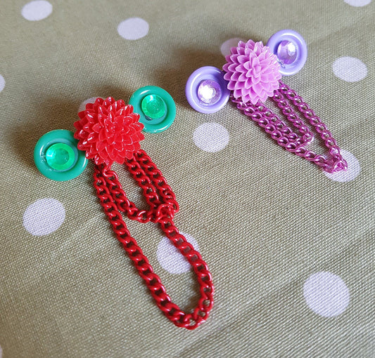 Chrysanthemum Brooch with Button and Chain Detail Red or Pink Pretty Flower Unusual Mothers Day
