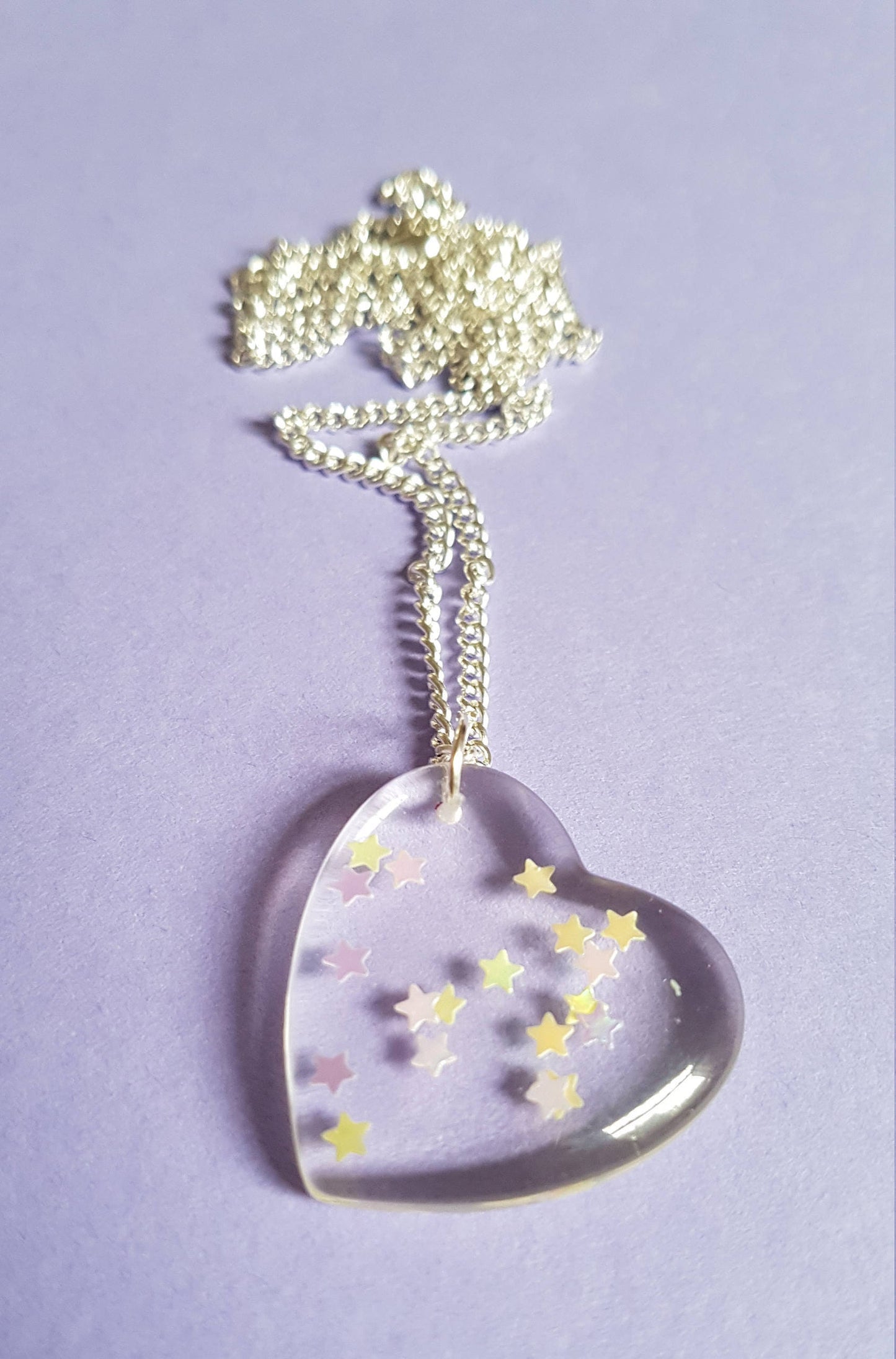 Heart and Stars Necklace Pendant and Chain. Pink and Clear Pretty, Glitter, CuteKawaii Kawaii Valentine's Day Gift