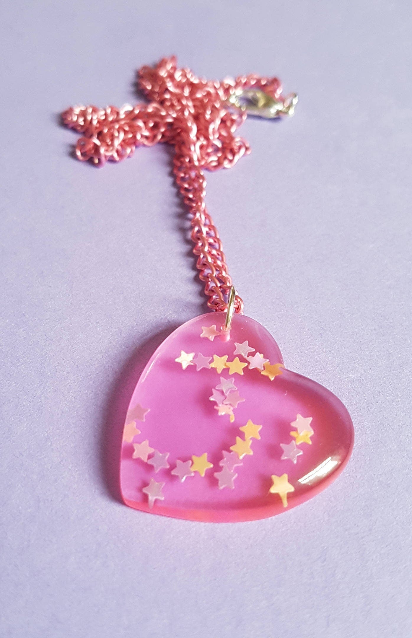 Heart and Stars Necklace Pendant and Chain. Pink and Clear Pretty, Glitter, CuteKawaii Kawaii Valentine's Day Gift