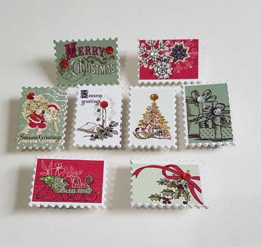 Wooden Postage Stamp Style Christmas Brooch with Rhinestones. Santa, Tree, Xmas, Holly, Candle, Sleigh, Snowflakes Stocking Filler