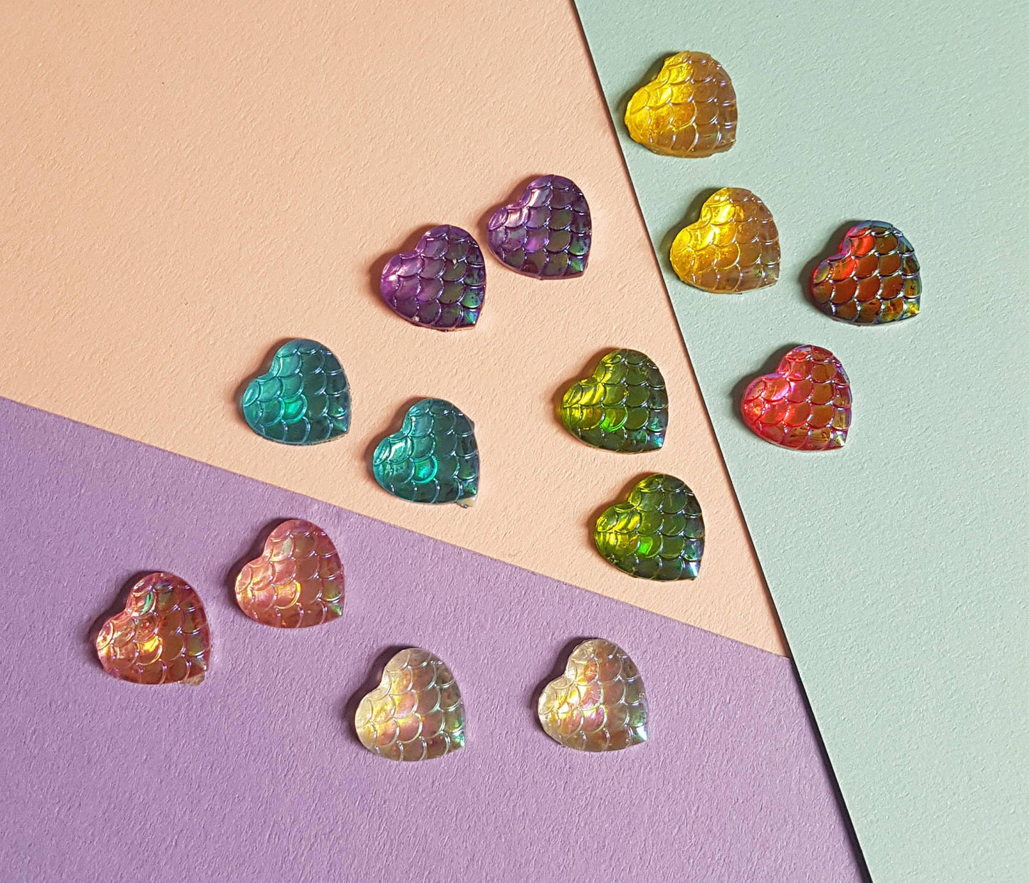 Mermaid Heart Stud Earrings, Allergy Free, Hypoallergenic. Iridescent Shine. Very Pretty Choice of Colours. Valentine's Day Gift Rainbow