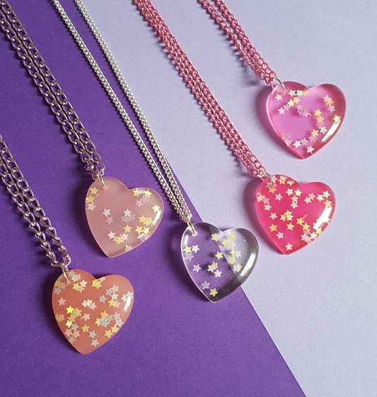 Heart and Stars Necklace Pendant and Chain. Pink and Clear Pretty, Glitter, CuteKawaii Kawaii Valentine's Day Gift