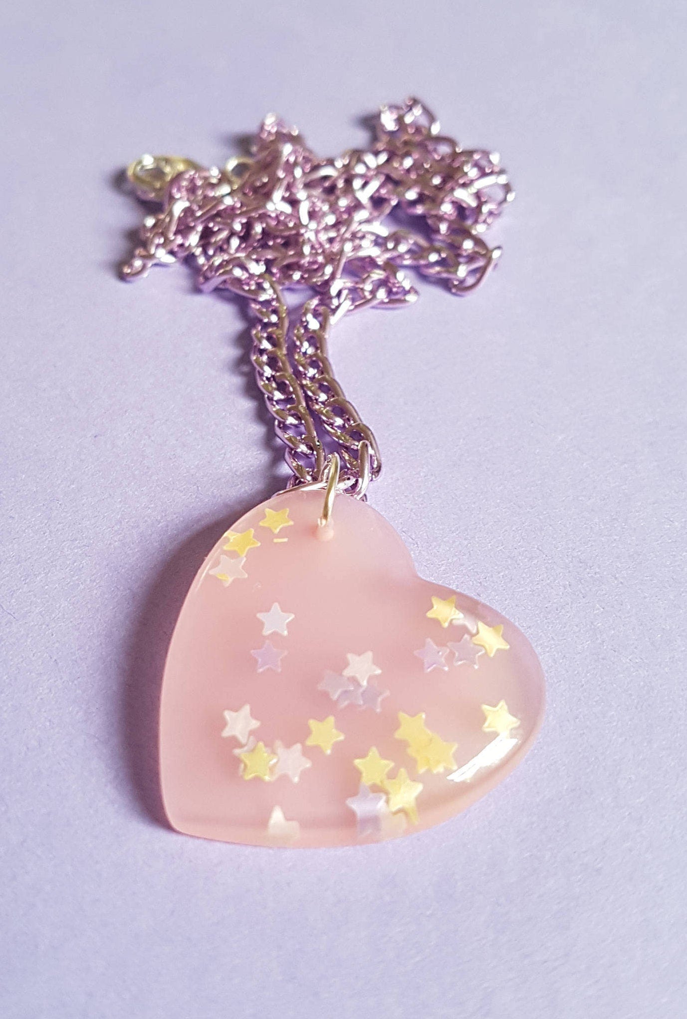 Heart and Stars Necklace Pendant and Chain. Pink and Clear Pretty, Glitter, CuteKawaii Kawaii Valentine's Day Gift