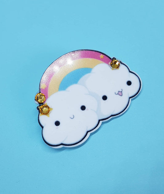 Rainbow and Clouds Brooch with Rhinestone Detail. Kawaii Cute Gift Weather