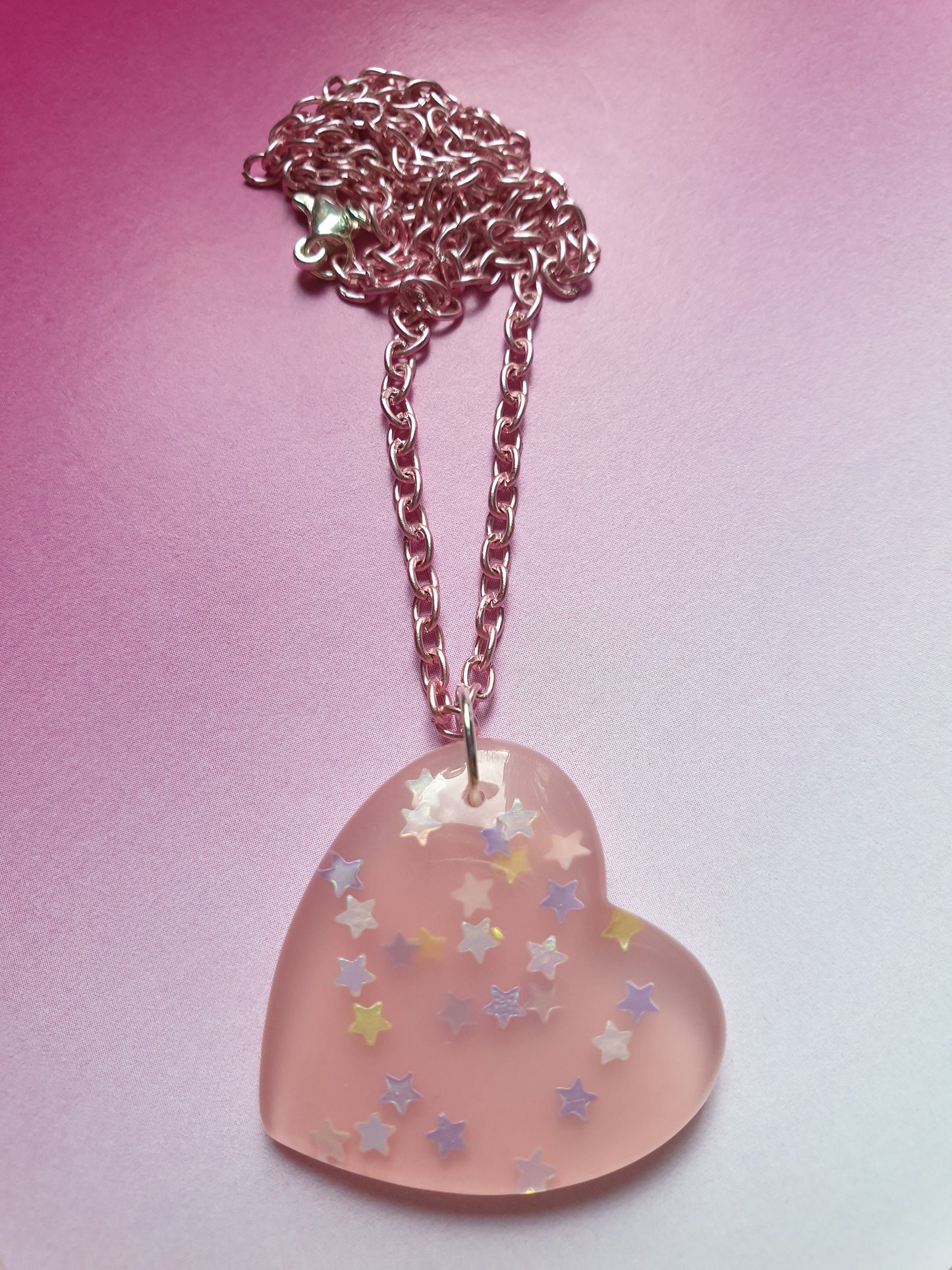 Heart and Stars Necklace Pendant and Chain. Pink and Clear Pretty, Glitter, CuteKawaii Kawaii Valentine's Day Gift