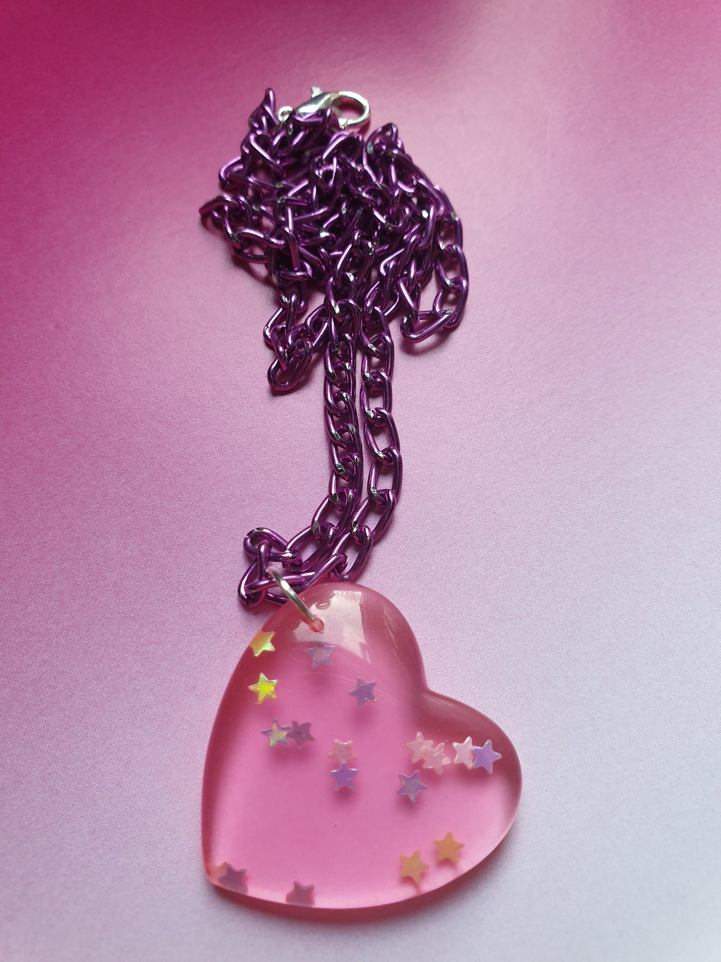 Heart and Stars Necklace Pendant and Chain. Pink and Clear Pretty, Glitter, CuteKawaii Kawaii Valentine's Day Gift