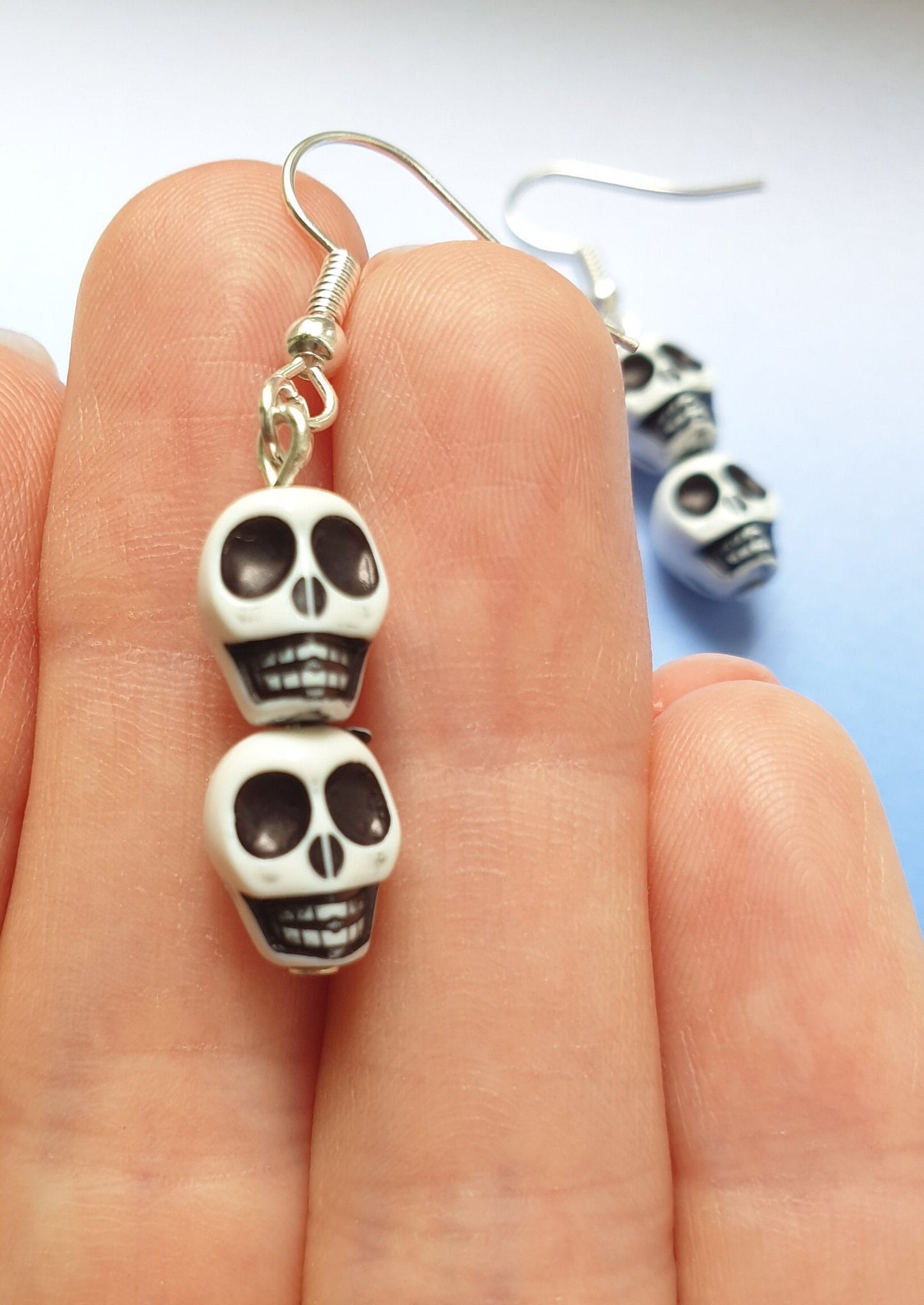 Beaded Skull Earrings. Halloween Earrings. Goth Earrings. Skull Jewellery. Skull Drop Earrings. Nickel Free Earrings. Clip On Earrings