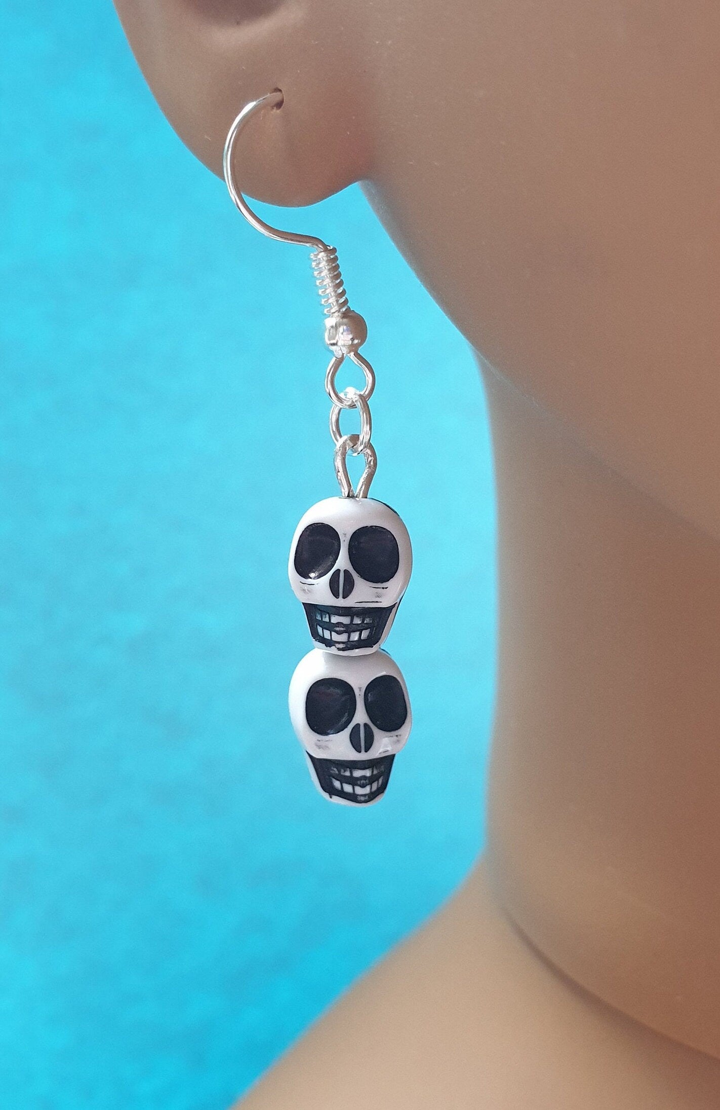 Beaded Skull Earrings. Halloween Earrings. Goth Earrings. Skull Jewellery. Skull Drop Earrings. Nickel Free Earrings. Clip On Earrings