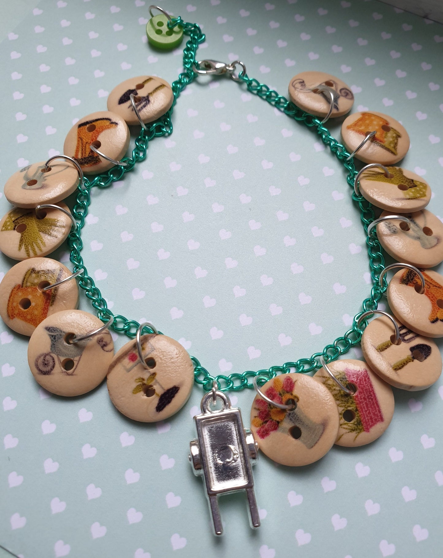 Gardeners Button Charm Bracelet. Wheelbarrow, Garden, Gardening, Horticulture, Plants, Flowers. Gift